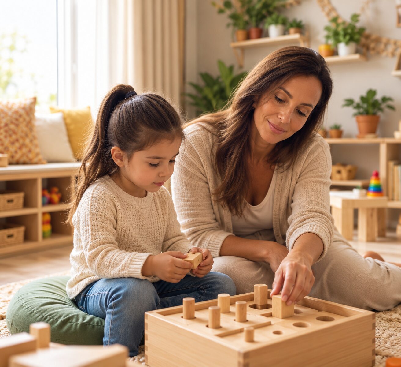 Vanesa jugando en el suelo con una niña con un juego de madera